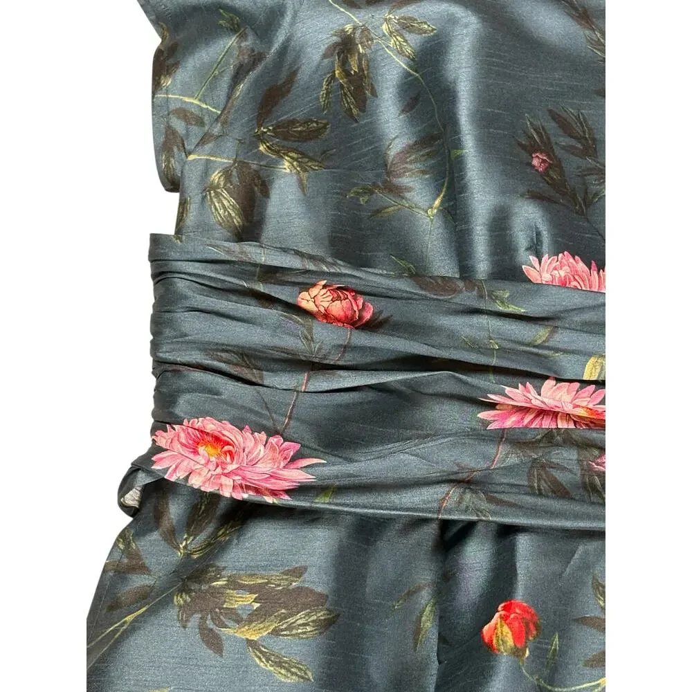 eShakti Fit & Flare Floral Taffeta V-neck Maxi Dress Women's Plus 3X Blue Pink - Picture 3 of 9